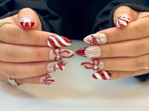 Christmas Candy Cane Press On Nails by DoryNails | Red Chrome Bow & Snowflake Nail Art | Holiday Party Nails | Gift for Her | OB1188BC