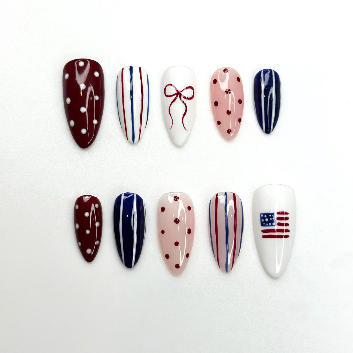 4th of July Press On Nails | Red White Blue Coquette Nails | Patriotic Almond Nails | USA Flag Summer BBQ Nails | Americana Nails | OB399LK