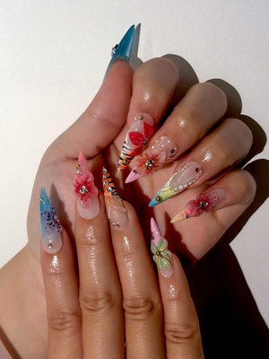 Spring Blossom Fantasy Press On Nails | Colorful Floral Spring Nails | Pastel Garden Stiletto Nails | Fresh Spring Bloom Art Nails | OB1011EC