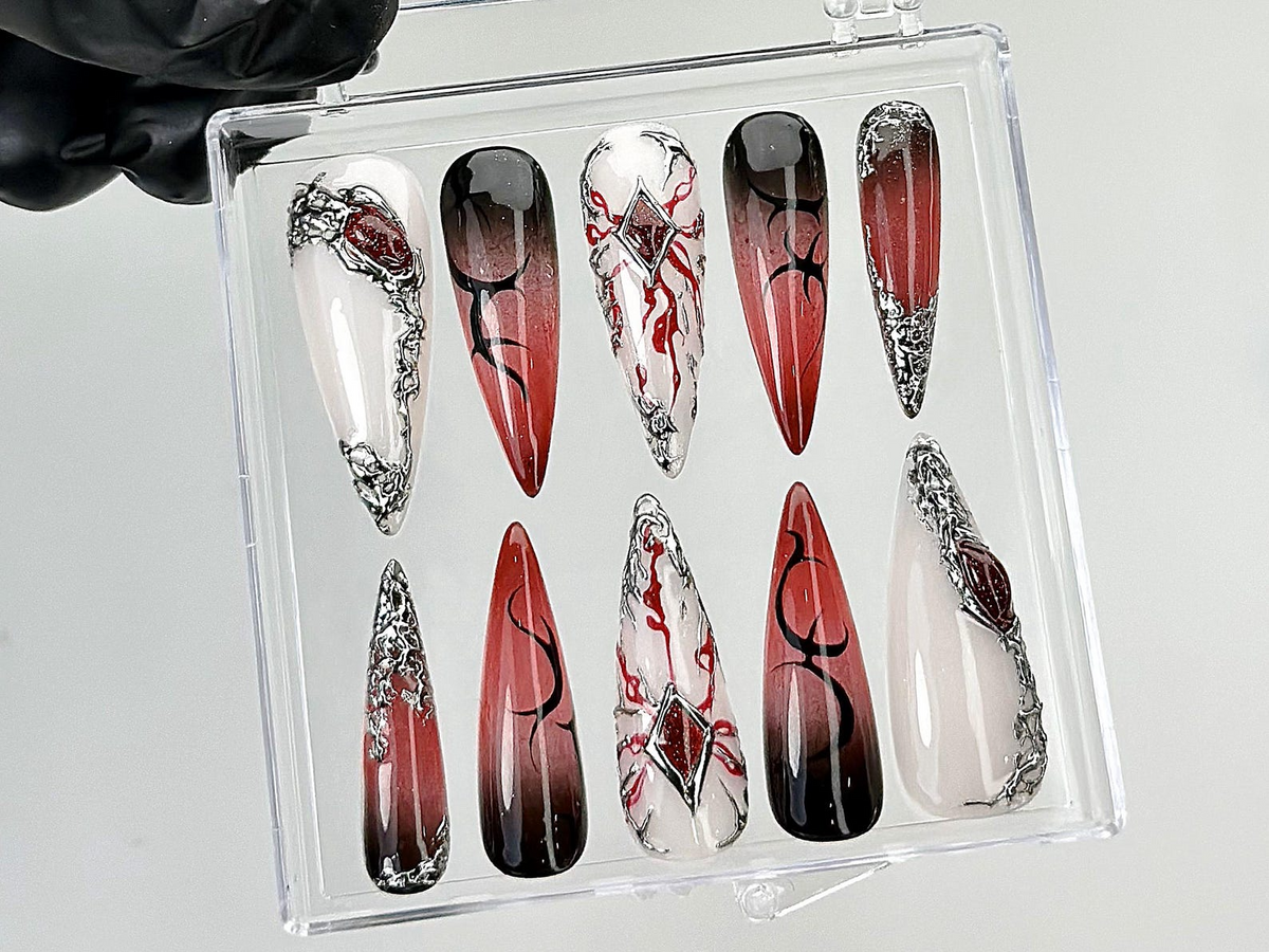 Gothic Fantasy Press On Nails | Dark Glam Fake Nails | 3D Red & Black Flame Nail Art | Handmade Dark Press Ons | Blood Nail Art | OB879YC