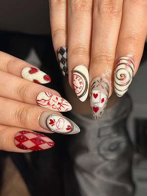 Alice Wonderland Easter Press On Nails | Playing Card Heart Nails | Red White Nails | Fantasy Swirl Set | Handmade Press Ons | OB1295HC