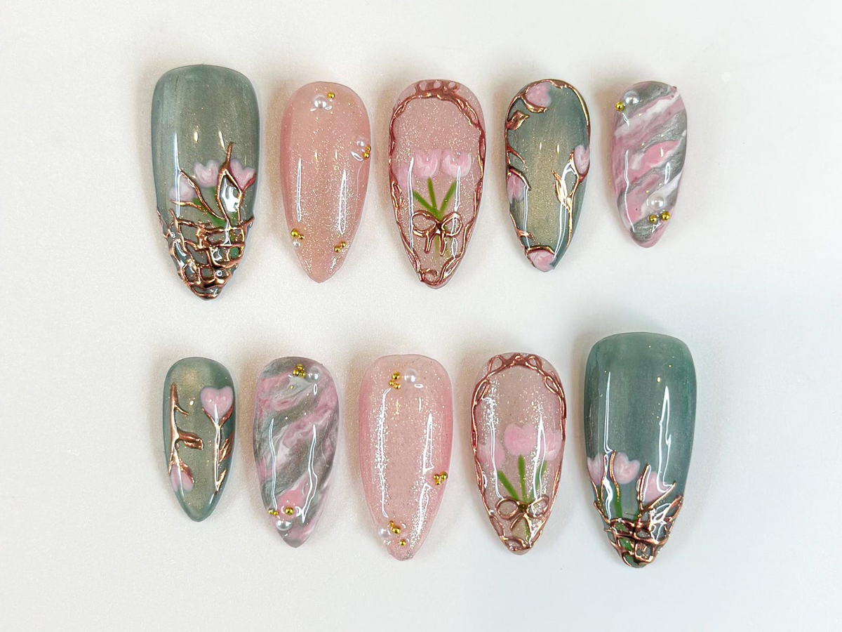 Vintage Tulip Press On Nails, Sage Green and Pink Marble Nails with Gold Rose Frame, Elegant Floral Hand-Painted Custom Nails, OB307HK