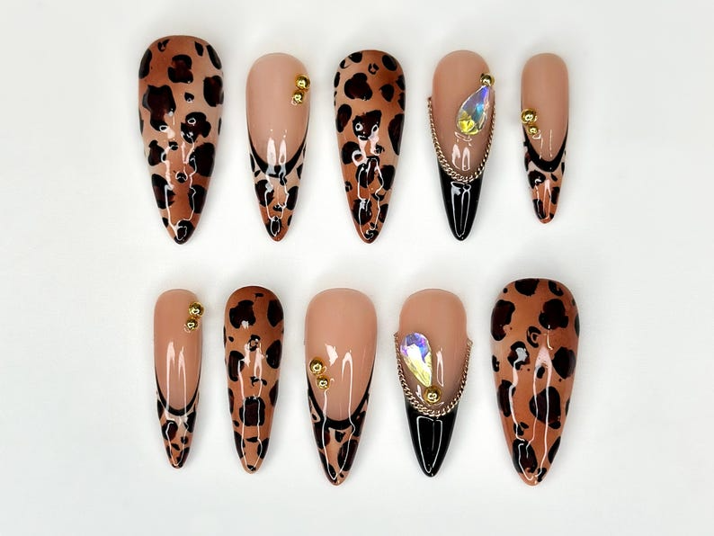 Leopard Fall Press On Nails | Animal Print Nail Art | Glam Rhinestone & Chain Nails | Handmade Long Stiletto Nails |Autumn Press Ons|OB175HC