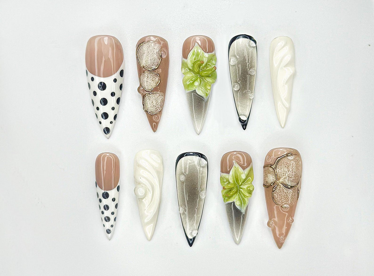 Modern Botanical Press On Nails |3D Green Flower and Gold Leaf Accents | Black & White Polka Dot Nails | OB1000EK