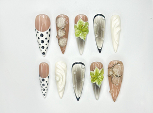 Modern Botanical Press On Nails |3D Green Flower and Gold Leaf Accents | Black & White Polka Dot Nails | OB1000EK