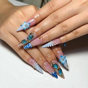 Blue Ocean Press On Nails with 3D Flower and Gold Detail | Marble Coastal Nails in Almond Shape | Summer Vacation Nails for Beach | OC1309NC