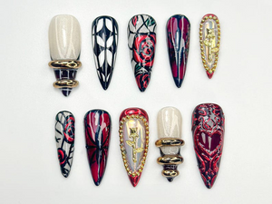 Gothic Rose Heart Press On Nails | 3D Black Red Gold Nails | Handmade Gothic Vampire Glam Nail Set | Black Stiletto Press Ons | OB775HC