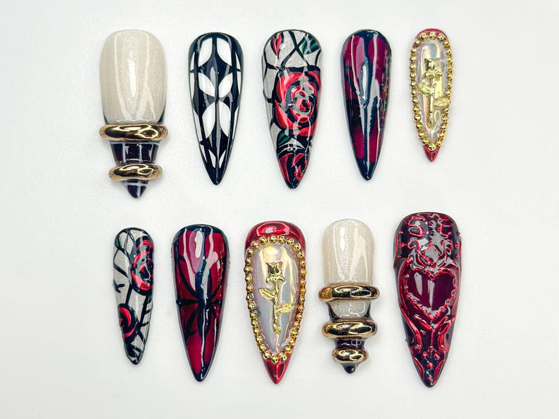 Gothic Rose Heart Press On Nails | 3D Black Red Gold Nails | Handmade Gothic Vampire Glam Nail Set | Black Stiletto Press Ons | OB775HC