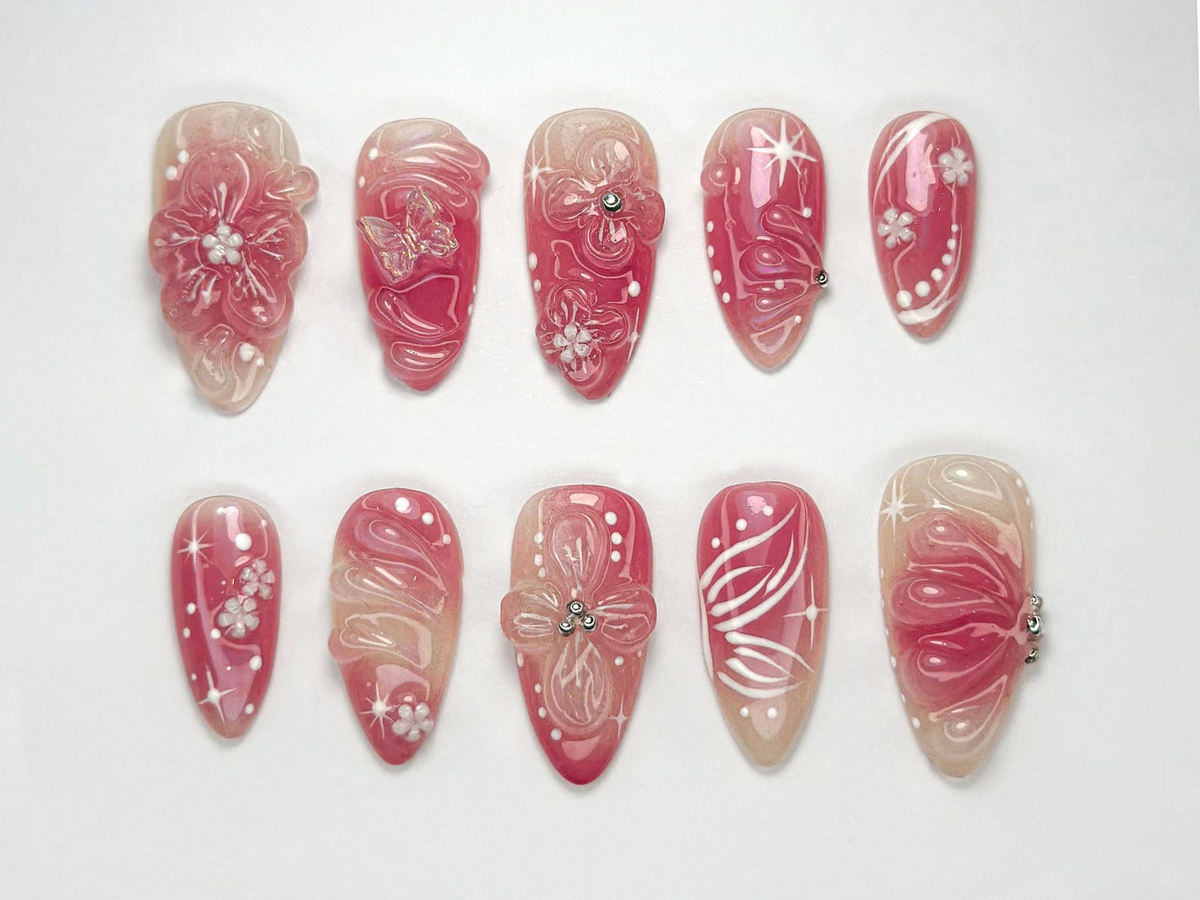 Blush Pink Floral Press On Nails | Soft Glitter Blossom Nail Set |Elegant Spring Nails | 3D Flower Nude Nail Tips | Everyday Glam | OC755HP