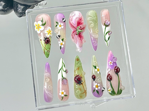 Ladybug Spring Floral Press On Nails | Spring Floral Cottagecore Nails | Spring Nature Design Nail Art | Wildflower Fake Nails | OB857YC