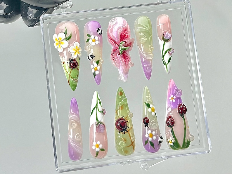 Ladybug Spring Floral Press On Nails | Spring Floral Cottagecore Nails | Spring Nature Design Nail Art | Wildflower Fake Nails | OB857YC