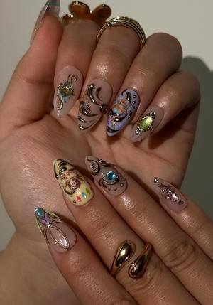 Baroque Angel Press On Nails for Vintage Lovers | Angel Art Nude Nails | Gold Scroll Luxury Press Ons | Antique Aesthetic Nails | OB1009HC