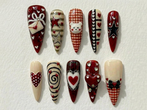 Nail Tabs for Press On Nails – Cherry Heart Teddy Gingham Nude Red Valentine Nails | OB23L