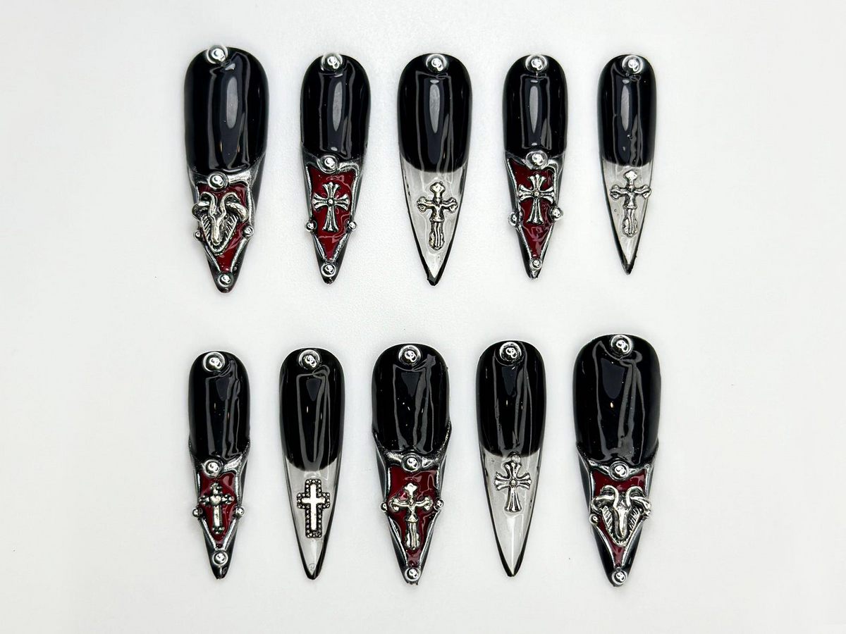 Gothic Cross Tip Press On Nails | Vampire Red & Black Nails | Gothic Triangle Accent Nails | Religious Symbol Nails | Dark Glam Nail| OC865H