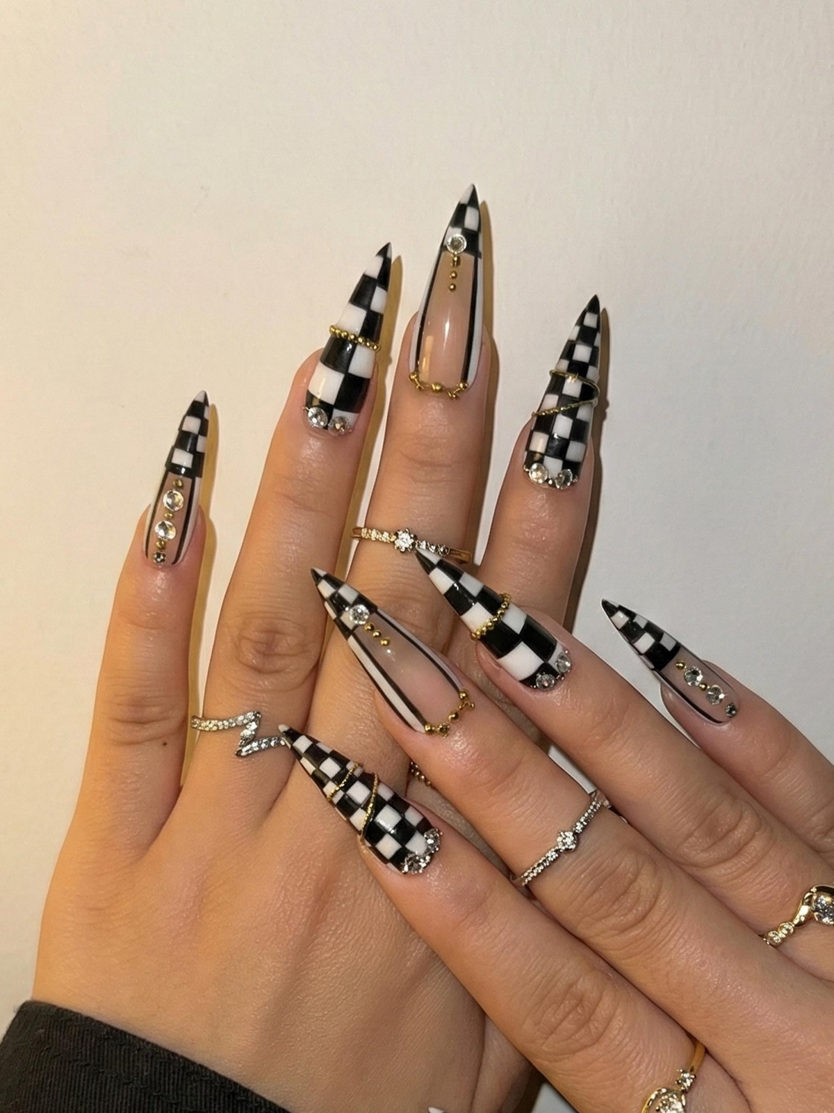 Black & White Gothic Press On Nails | Luxury Girl Stiletto Nail Art | Gold Accent Checker Nails | High Fashion Press Ons | OB1264EC