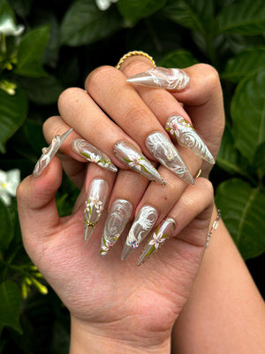 Ethereal Floral Press On Nails | Pearl Chrome Stiletto Nails | 3D White Flower Nails | Luxury Bridal Nails | Elegant Handmade Nail| OB1296NC