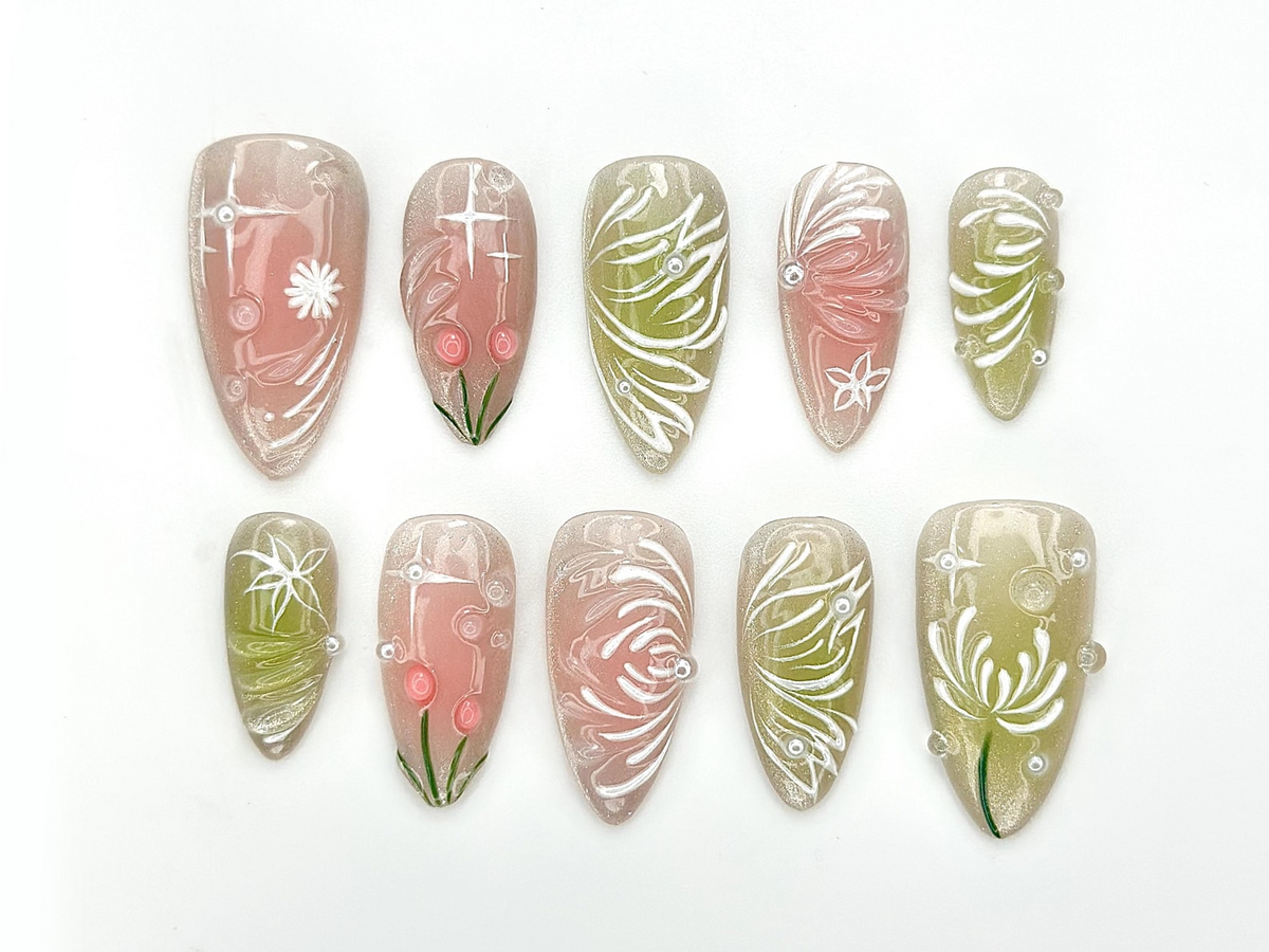 Dewdrop Meadow Press On Nails | Pastel Green & Pink Shimmer | Hand-Painted Floral Line Art and Crystal Accents | OB987EK