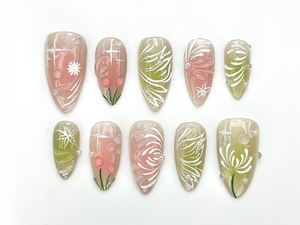 Dewdrop Meadow Press On Nails | Pastel Green & Pink Shimmer | Hand-Painted Floral Line Art and Crystal Accents | OB987EK