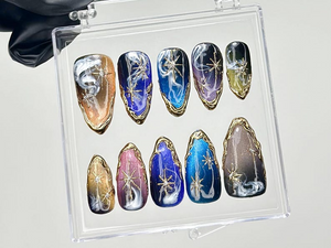 Galaxy Star Press On Nails | Cosmic Nail Set with Gold Stars Fake Nails | Starry Night Nail Art | Galaxy Blue Nails | Luxury Nails | OB916YC