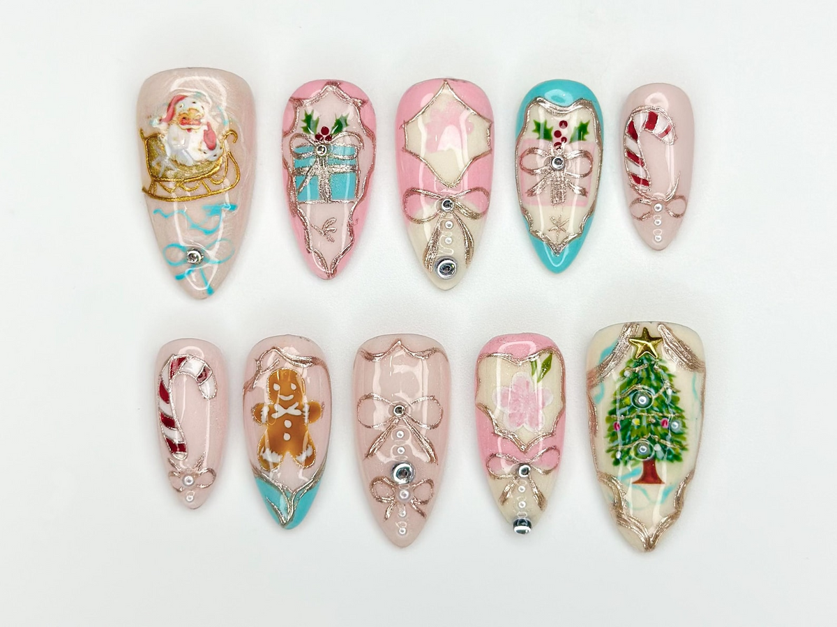 Pink Pastel Christmas Press On Nails | Pastel | Gingerbread & Candy Cane Nails | Pink Christmas Press Ons | Cute Festive Design | OB218HC