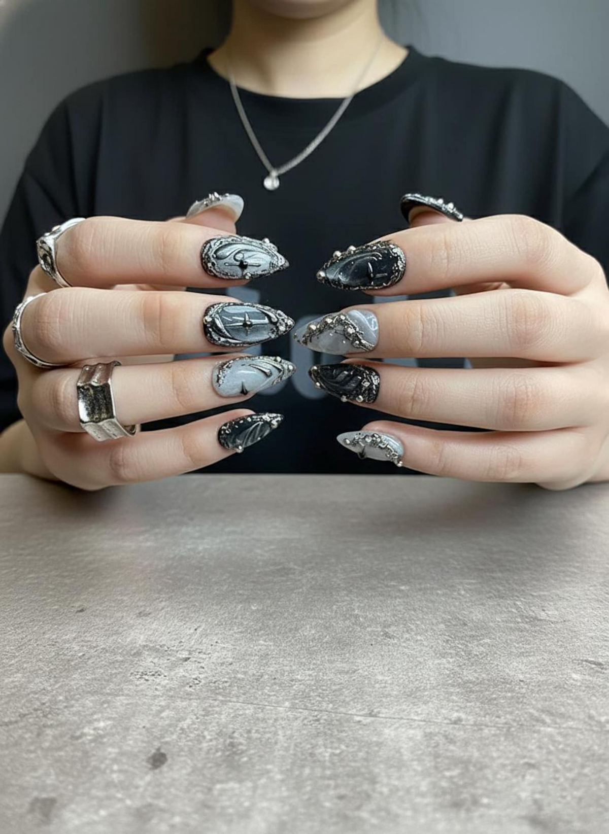 Silver Gothic Press On Nails | Black Chrome Metallic Nail Art | Handmade Dark Luxury Press Ons | Abstract Stiletto Nails | OC1254GC