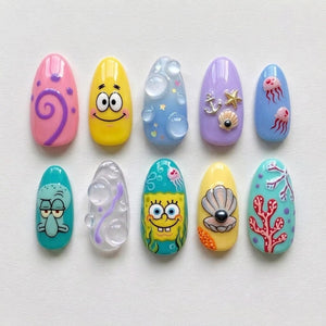SpongeBob Press On Nails Summer Handpainted Cartoon Patrick Star Squidward Custom Fake Nails 3D Water Bubble Jellyfish Summer Nails | OB412L
