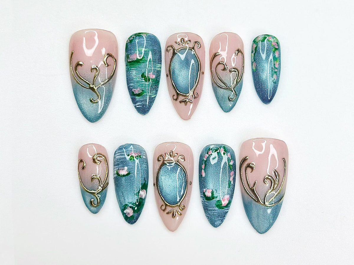 Teal Cat Eye Press On Nails | Elegant Vintage Nail Art | Ocean Marble Luxury Nails | Floral Blue Gradient Nails | Classy Press Ons | OB332HK