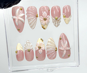 Soft Nude Seashell 3D Press On Nails | Starfish, Shell & Floral Nail Art | Handmade Pastel Nude Beach Nails | OC987EK
