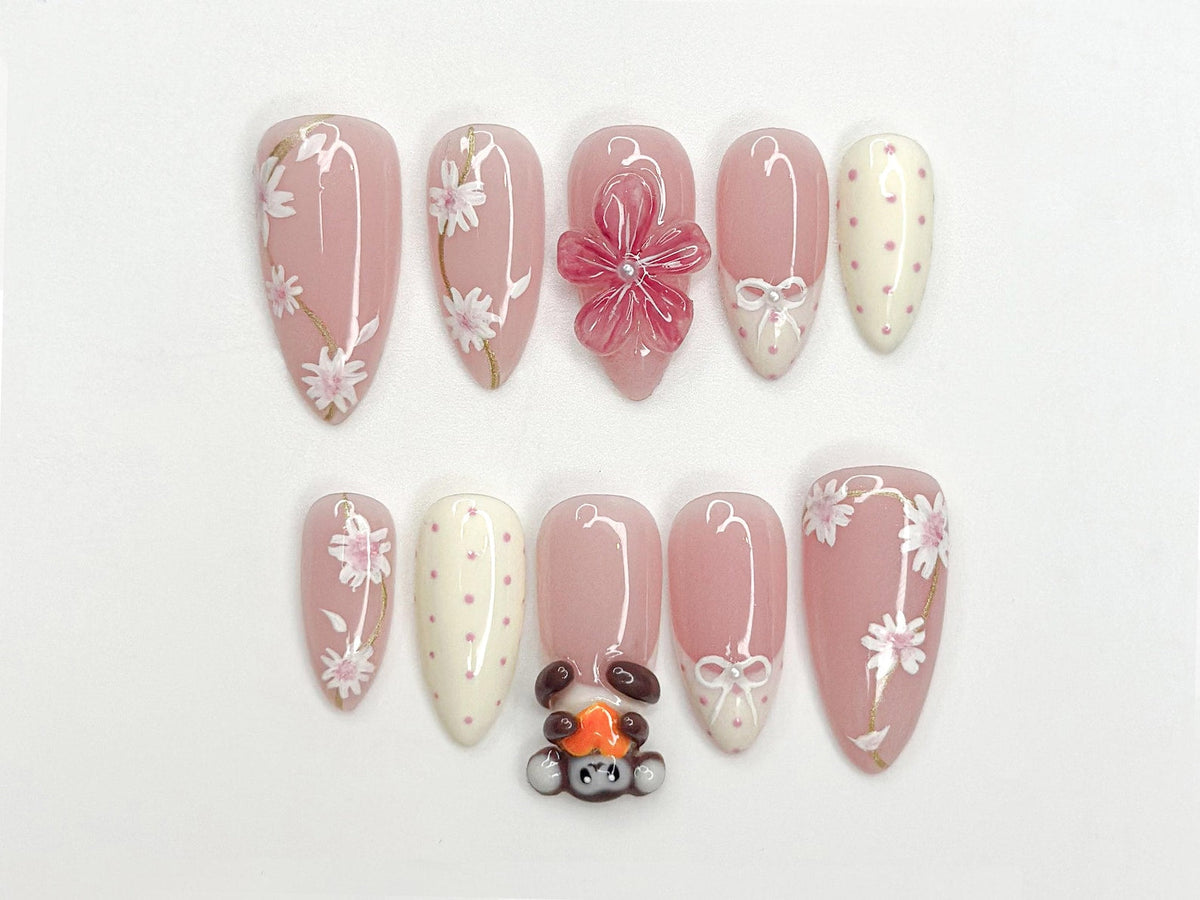 Soft Pink Mokey Press On Nails | Cute Bow & Daisy Nail Art | Kawaii Nails | Elegant Spring Nail Design| Handmade Romantic Press Ons| OC329HC