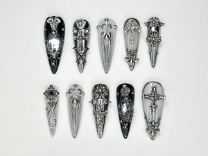 Gothic Silver Sword Press On Nails | 3D Cross & Dagger Nail Art | Handmade Dark Fantasy Nails | Medieval Armor Inspired Press Ons | OB159HK