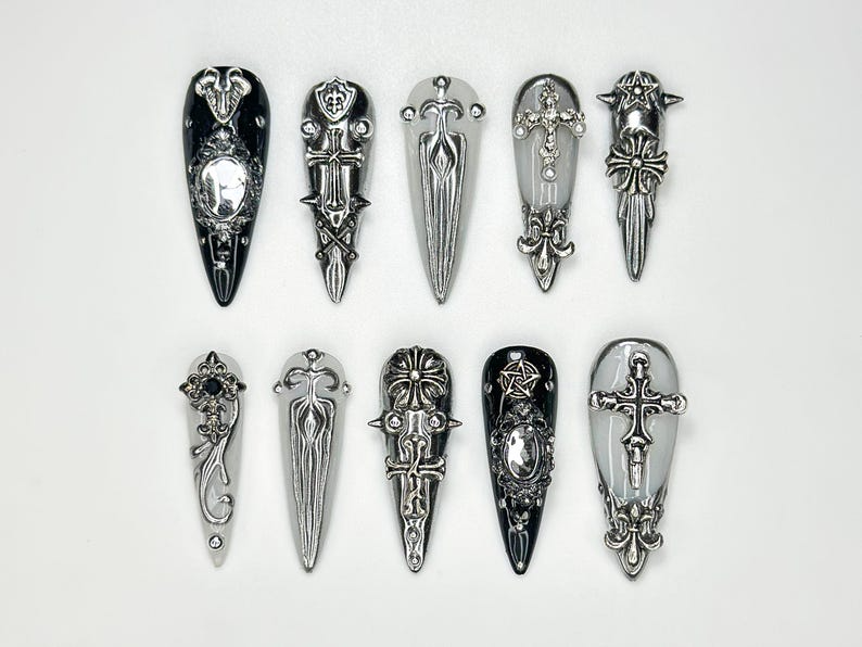 Gothic Silver Sword Press On Nails | 3D Cross & Dagger Nail Art | Handmade Dark Fantasy Nails | Medieval Armor Inspired Press Ons | OB159HK