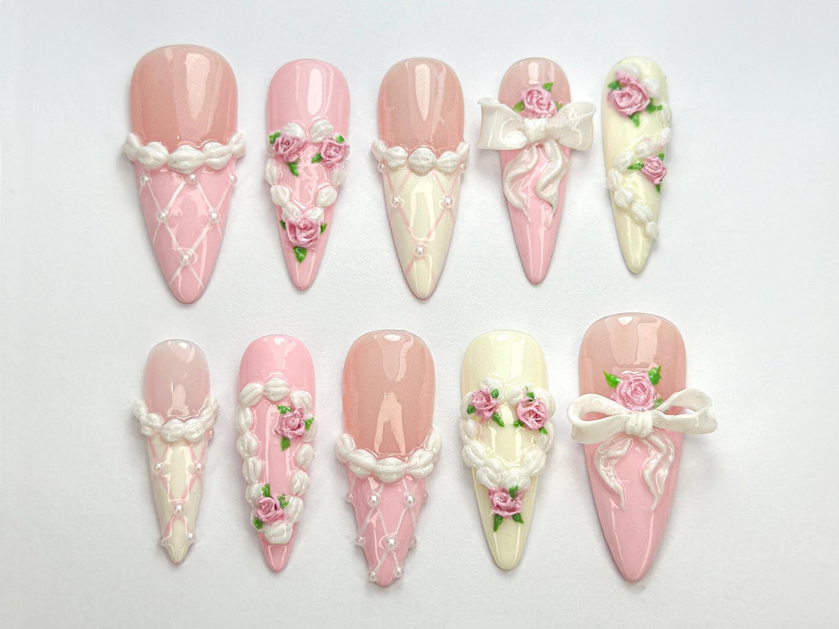 Coquette Pink Ribbon Press On Nails | 3D Blush Vintage Nail Set | Long French Ribbon Nails | Romantic Pink Press On Nails |OB760HC