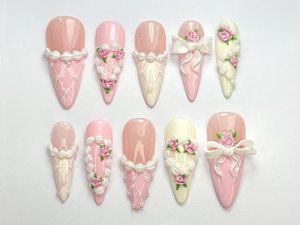 Coquette Pink Ribbon Press On Nails | 3D Blush Vintage Nail Set | Long French Ribbon Nails | Romantic Pink Press On Nails |OB760HC