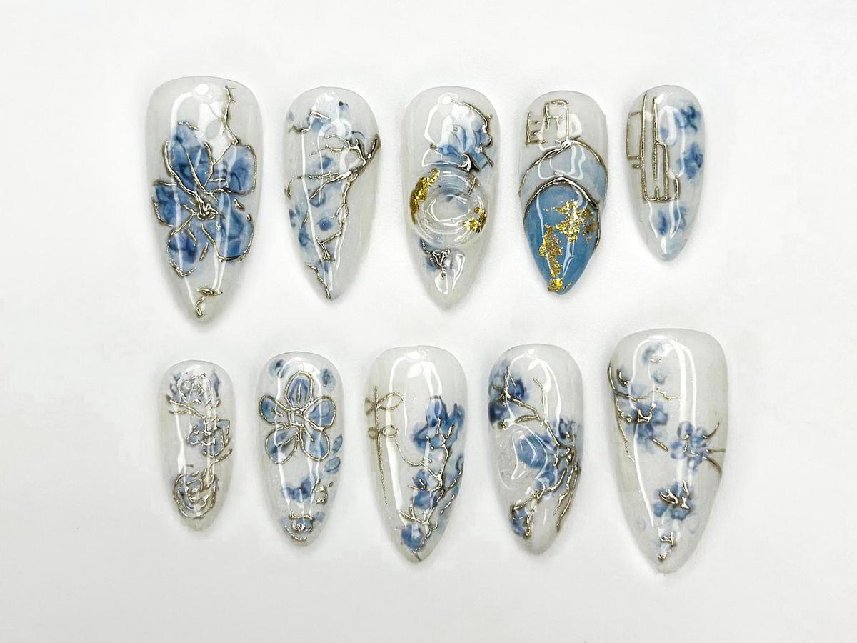 Blue Bloom Elegant Press On Nails | Chinese Luxury Floral Nails | Gold Wire Stiletto Nails | Clear Luxury Art Press Ons | OC299EC