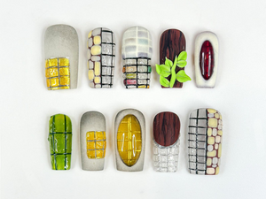 Abstract Texture Press On Nails, Mixed Media Artisan Nails with 3D Foliage, Handcrafted Gemstone and Mosaic Tile Reusable Nails, OB306HC