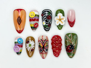 Whimsical Garden Themed Press On Nails | Cottagecore Strawberry & Button Nail Art | Vintage 3D Ladybug Nails | Forestcore Press Ons |OB824H