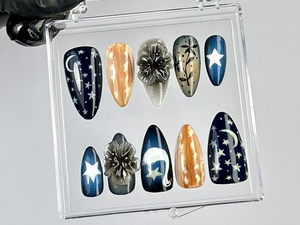Luxury Night Sky Press On Nails | Midnight Sky Themed Fake nails | Dark Aesthetic Celestial Nail Art | Starry Night Press Ons | OB788YK