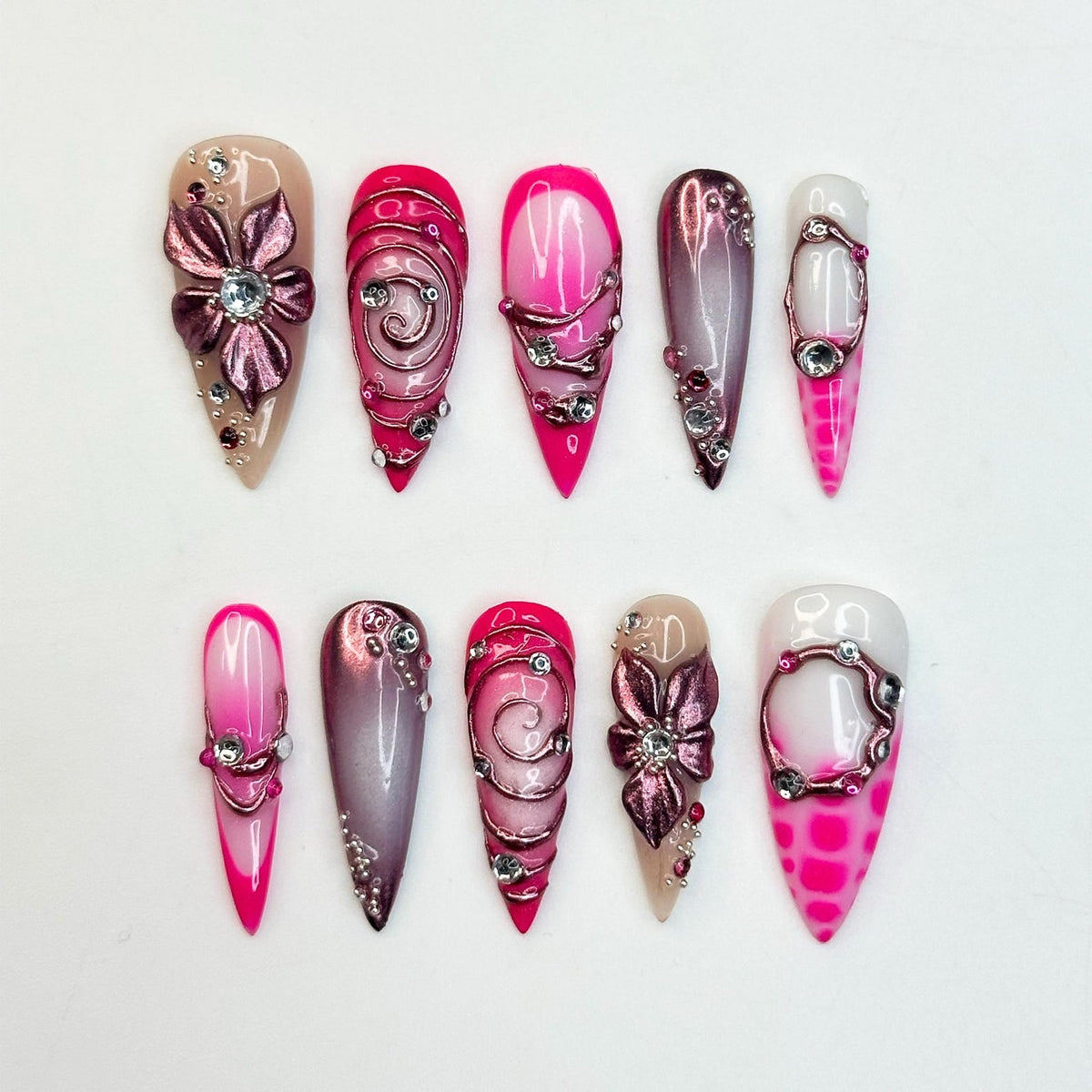 Hot Pink Press On Nails | Luxury Cyber Gyaru Stiletto Nails | 3D Chrome Flower Metallic Fake Nails | Y2K Futuristic Gift | OB406LK