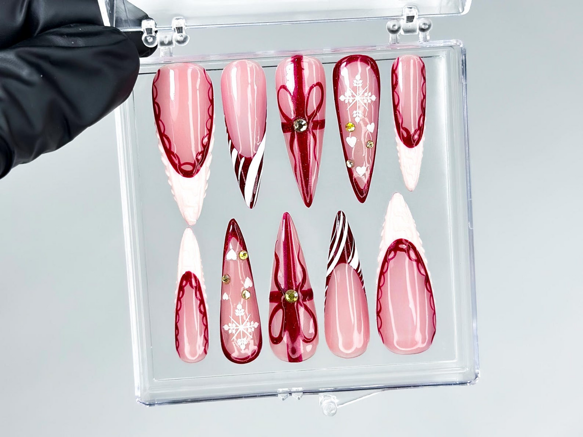 Elegant Burgundy Christmas Press On Nails | Glossy Christmas Nail Art| Winter Holiday Nail Art | Glossy Stiletto Press Ons | OB1194EC