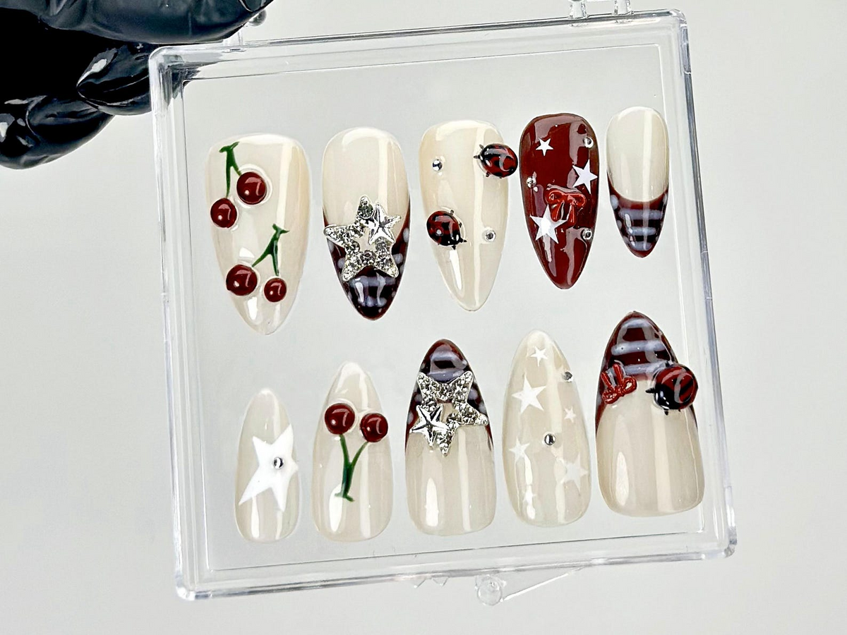 Retro Cherry Star Press On Nails | Y2K Indie Style Fake Nails | Burgundy French Tips Nail Art | 2000s Indie Inspired Press Ons | OC928YC