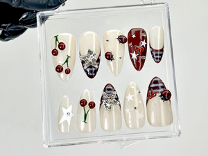 Retro Cherry Star Press On Nails | Y2K Indie Style Fake Nails | Burgundy French Tips Nail Art | 2000s Indie Inspired Press Ons | OC928YC