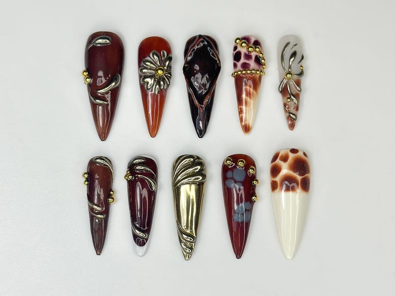 Autumn Luxe Press On Nails | Dark Red & Metallic Gold Nail Art | Handmade Gothic Glam Nails | Long Stiletto Nail | Luxury Fall Vibe| OB173HK