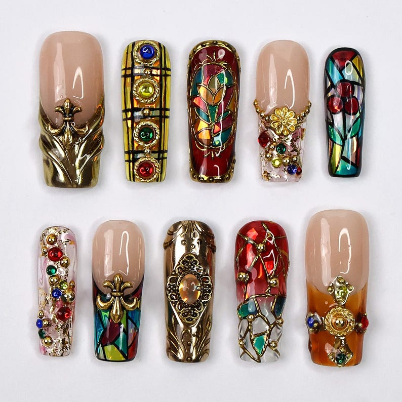 Handmade Baroque 3D Press-On Nails | Stained Glass Vitreaux Design | Long Square Gothic Fake Nails for Holiday, Vacation, Birthday | OB907L