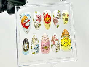 Cute Anime Press On Nails | Ghibli Characters & Floral Fake Nails | Kawaii Anime Nail Art | Ponyo Totoro Calcifer Press Ons | OB1021YC