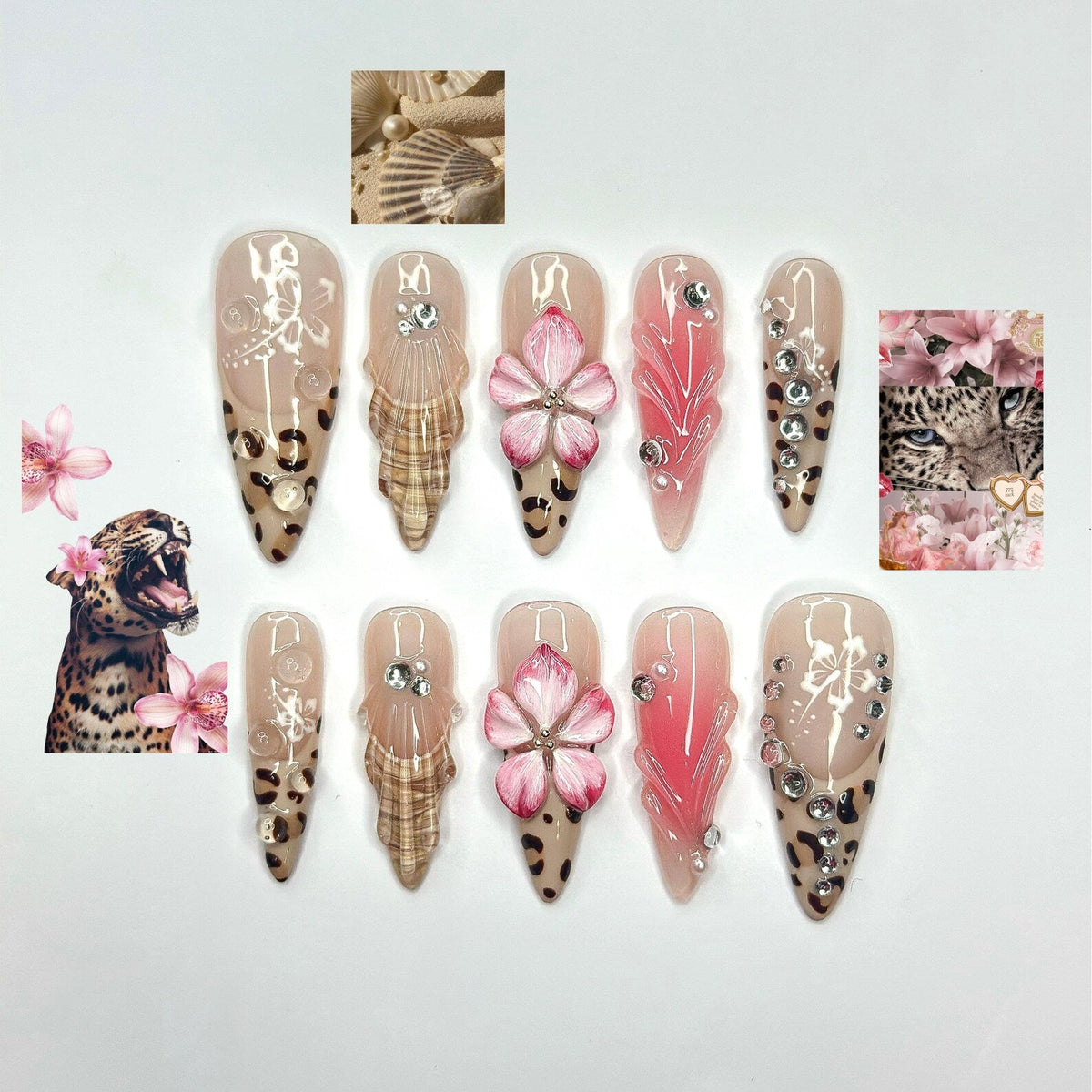 3D Hibiscus Flower & Tropical Muse Nails | Ethereal Goddess Press Ons | Luxury Seashell Art Nails |Nude Pink Floral Summer Nails | OB360IC