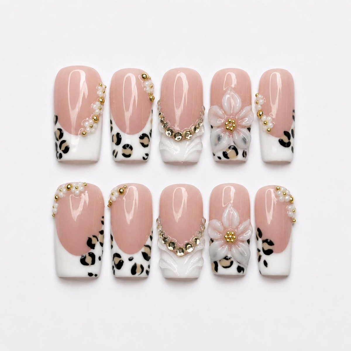 Luxury Leopard Press On Nails | Pearl Flower Nude Nail Set | Elegant French Tip Nails | Quiet Luxury Animal Print Nails | OC450J