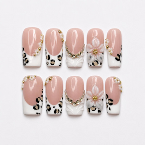 Luxury Leopard Press On Nails | Pearl Flower Nude Nail Set | Elegant French Tip Nails | Quiet Luxury Animal Print Nails | OC450J