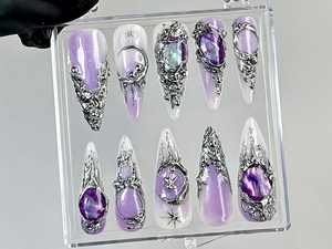Gothic Purple Press On Nails | Dark Glam Fake Nails | Silver and Purple Nail Art | 3D Gothic Purple Fake Nails | Gothic Nails | OC737YC