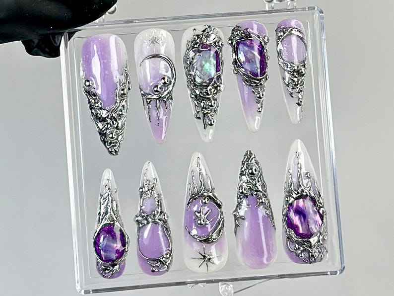 Gothic Purple Press On Nails | Dark Glam Fake Nails | Silver and Purple Nail Art | 3D Gothic Purple Fake Nails | Gothic Nails | OC737YC