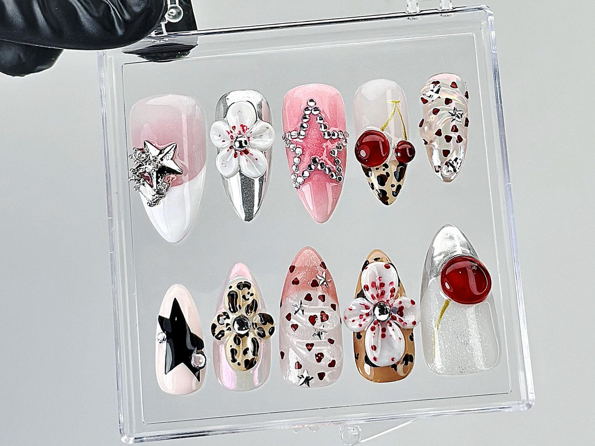 Leopard Print Star Press On Nails | 3D Rhinestone Fake Nails | Pink and Silver Nail Art | Cute Star Cherry Press Ons | Summer Nails |OB883YC